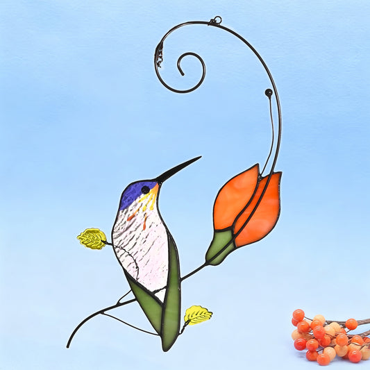 Purple Hummingbird Stained Glass Suncatcher, 6.3"×10.4" Handmade Window Sun Catcher, Gift for Women & Moms, Perfect for Mother’s Day