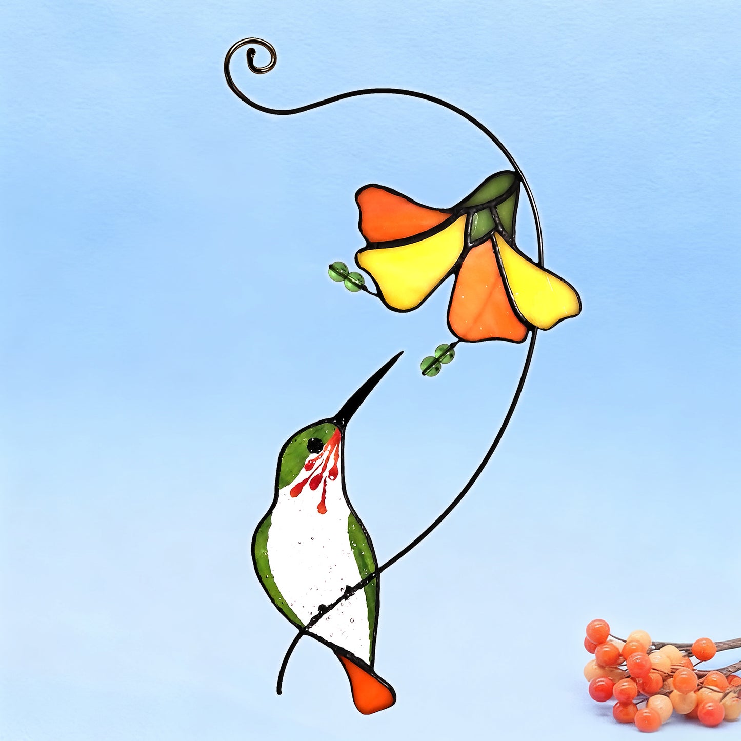 Green Hummingbird Stained Glass Suncatcher, 6.3"×10.4" Handmade Sun Catcher Window Hanging, Meaningful Mom Gift for Mother’s Day