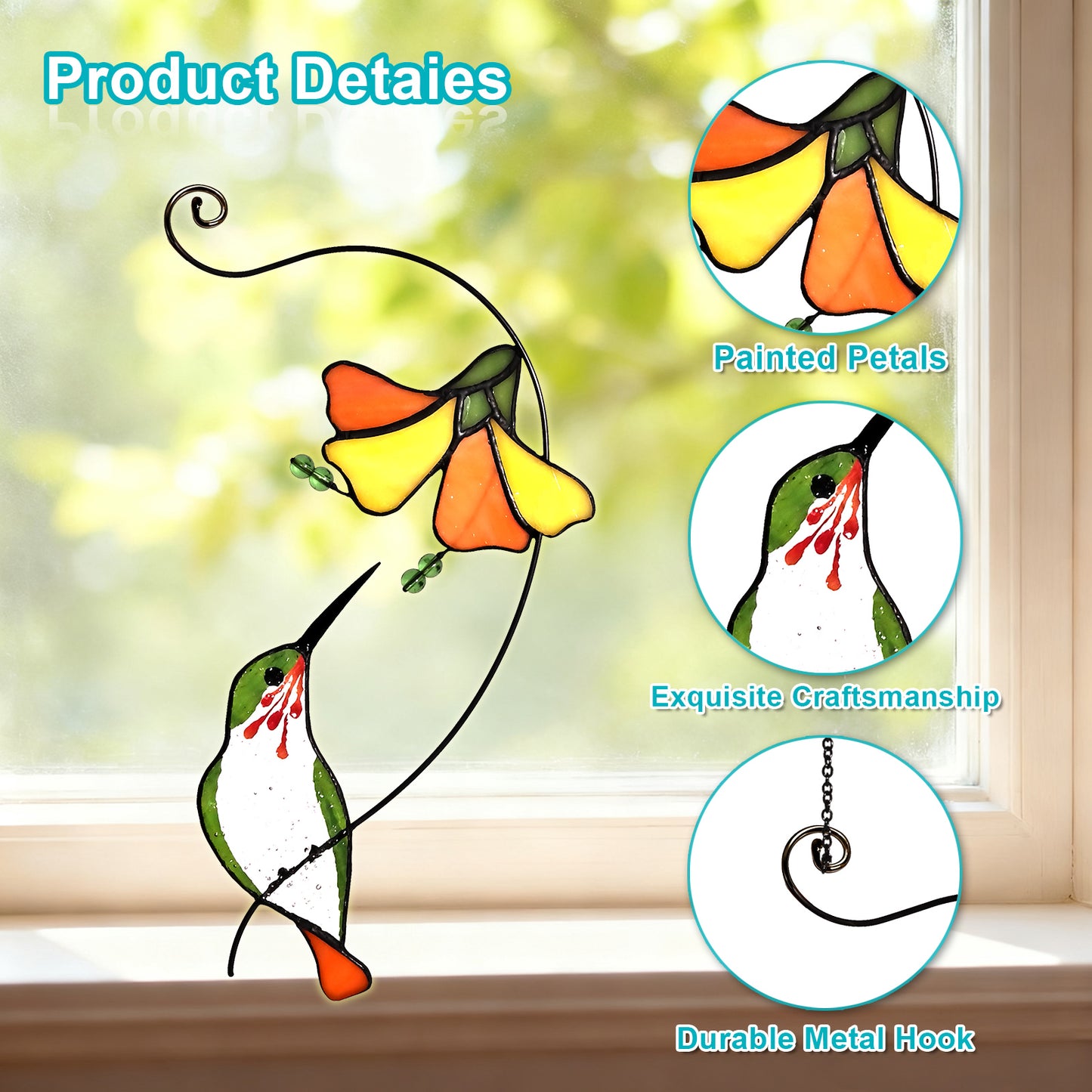 Green Hummingbird Stained Glass Suncatcher, 6.3"×10.4" Handmade Sun Catcher Window Hanging, Meaningful Mom Gift for Mother’s Day