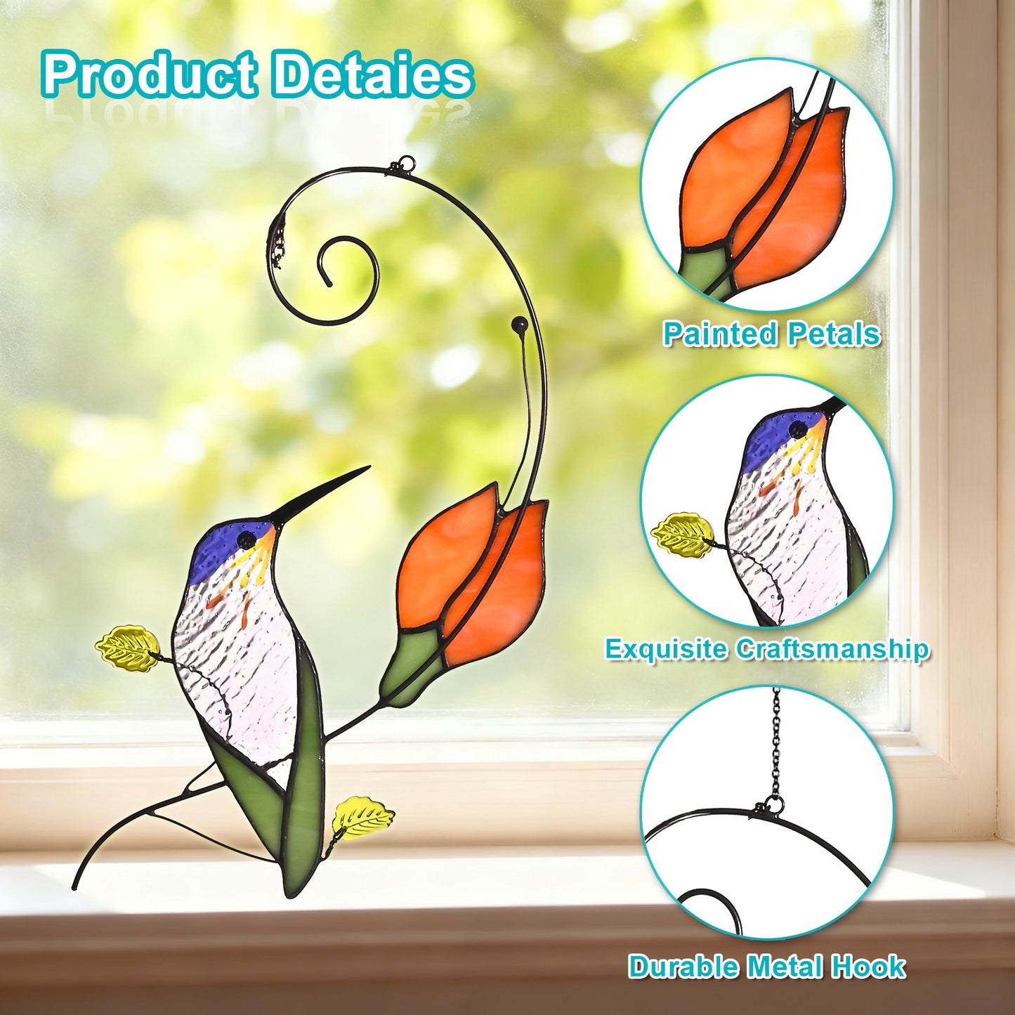 Purple Hummingbird Stained Glass Suncatcher, 6.3"×10.4" Handmade Window Sun Catcher, Gift for Women & Moms, Perfect for Mother’s Day