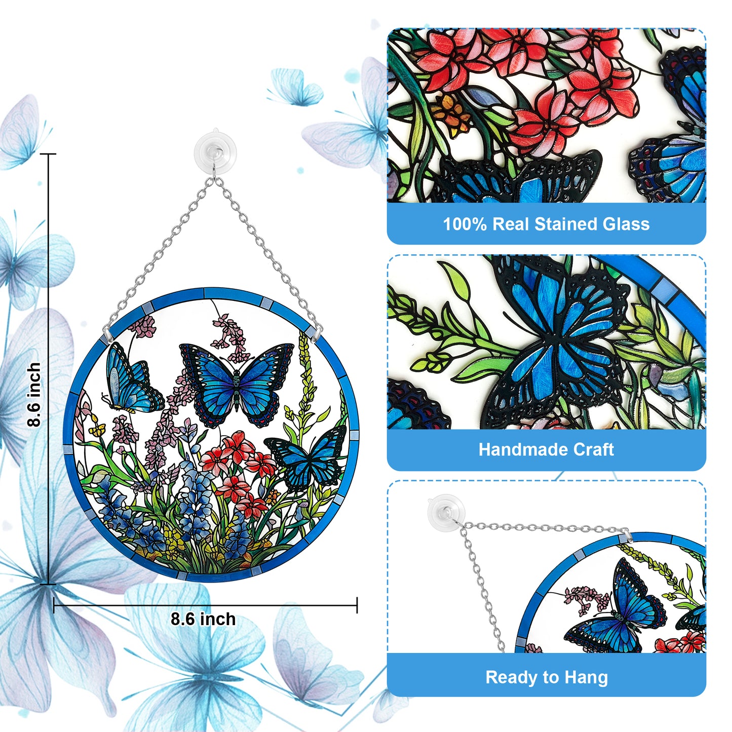 Kissnap Butterfly Stained Glass Window Hanging - Butterfly Gifts for Women, Suncatchers for Windows - Window Hangings with Chain and Hook, 8.6 inch Stained Glass Suncatcher for Mom