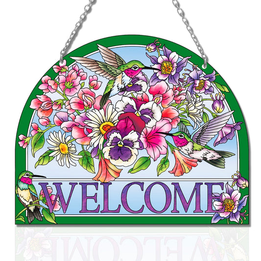 Kissnap Welcome Sign Hummingbird Stained Glass (7.8’’*6.5’’, Welcome)