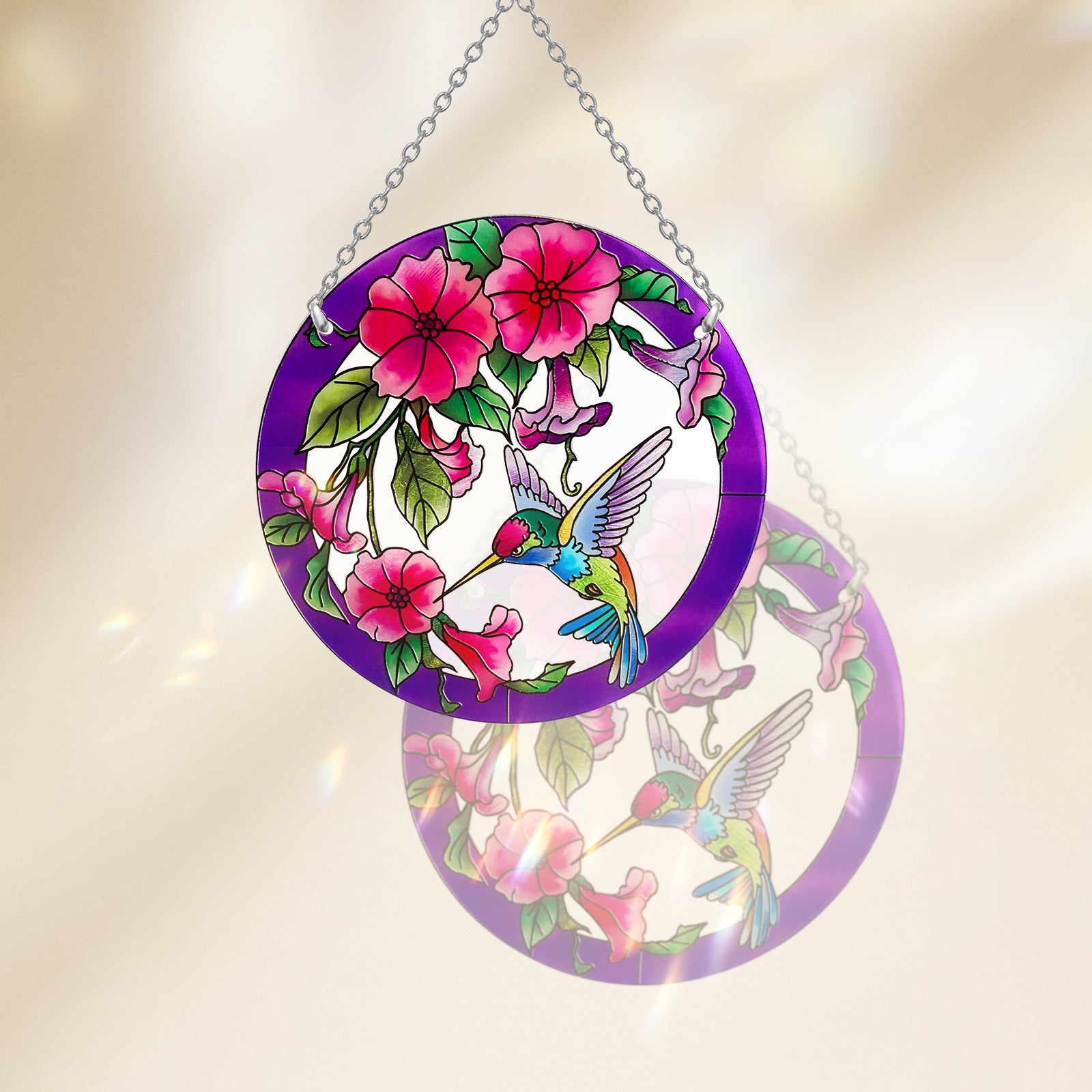 Stained Glass Hummingbird Enjoying a Purple Flower Suncatcher in a deals Horseshoe Frame