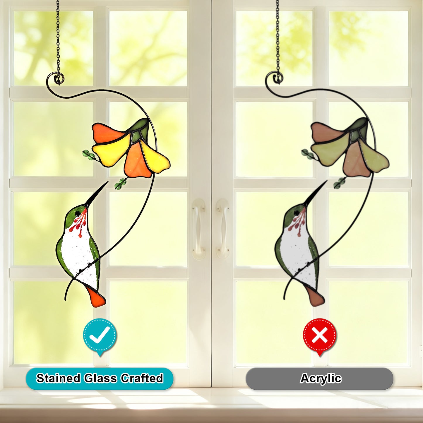 Green Hummingbird Stained Glass Suncatcher, 6.3"×10.4" Handmade Sun Catcher Window Hanging, Meaningful Mom Gift for Mother’s Day