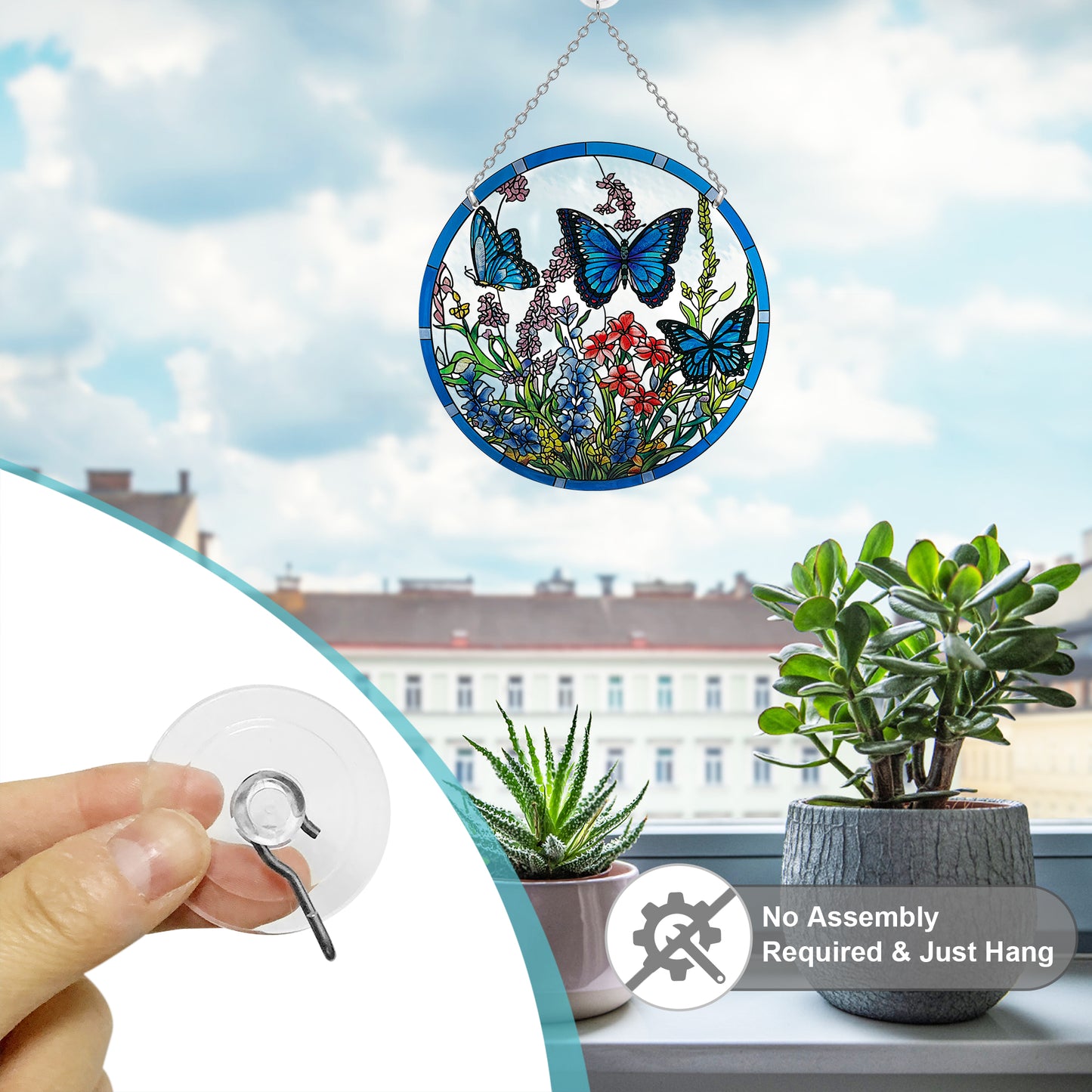 Kissnap Butterfly Stained Glass Window Hanging - Butterfly Gifts for Women, Suncatchers for Windows - Window Hangings with Chain and Hook, 8.6 inch Stained Glass Suncatcher for Mom