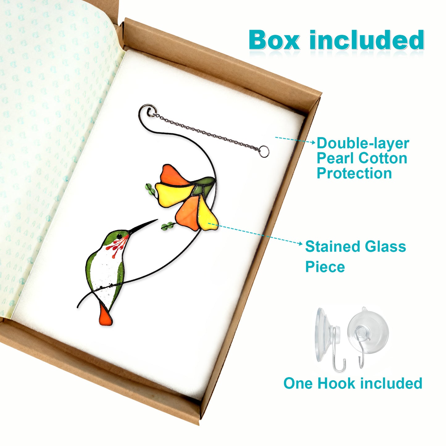 Green Hummingbird Stained Glass Suncatcher, 6.3"×10.4" Handmade Sun Catcher Window Hanging, Meaningful Mom Gift for Mother’s Day