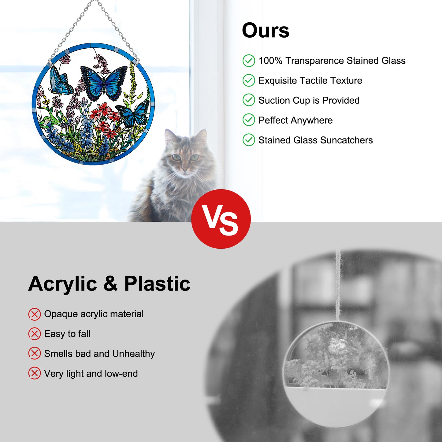 Kissnap Butterfly Stained Glass Window Hanging - Butterfly Gifts for Women, Suncatchers for Windows - Window Hangings with Chain and Hook, 8.6 inch Stained Glass Suncatcher for Mom